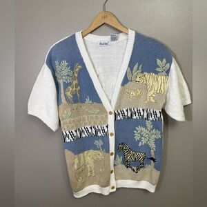 Vintage 80s Embroidered safari Cardigan Sweater Short Sleeve Women L Grandmacore